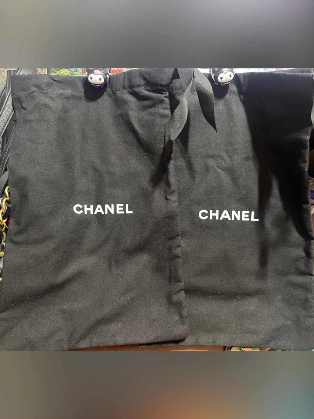 CHANEL Black Shoes Dust Bags with White Logo Set of Two